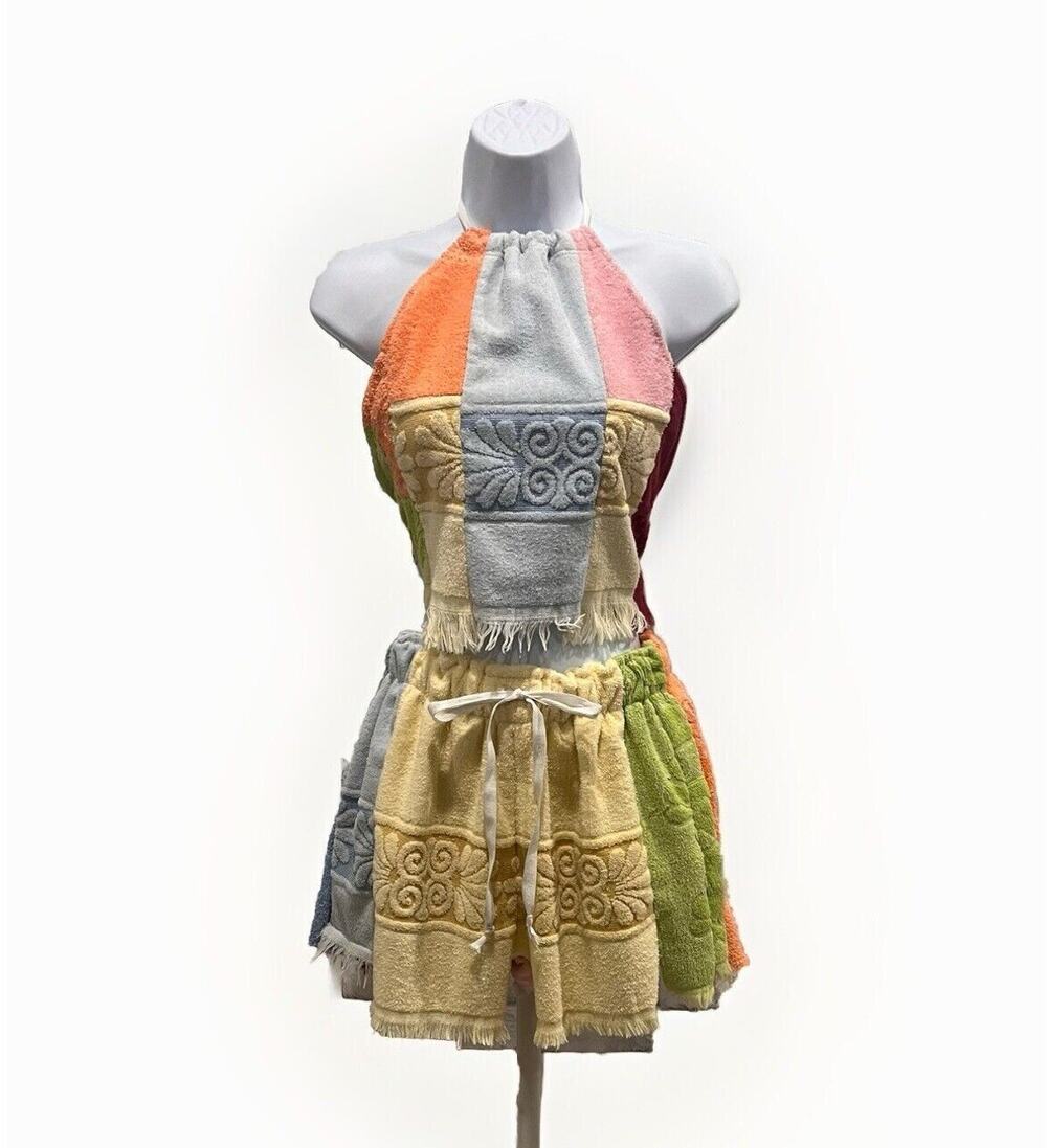 Handmade Patchwork Terry Cloth Shorts Matching Halter Top Set Small/Medium
